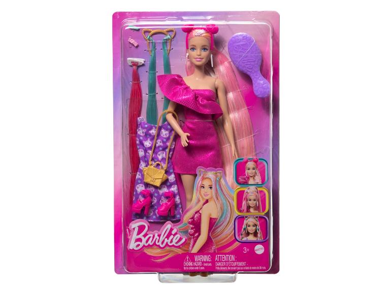 Lalka Barbie z akcesoriami modowymi i do włosów, w tym szczotką i dodatkowymi ubraniami.