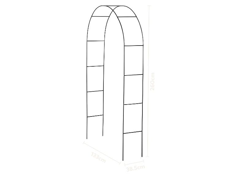 Czarna metalowa pergola ogrodowa o wymiarach 260 cm (wysokość), 133 cm (szerokość) i 38,5 cm (głębokość).