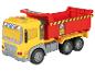 Żółto-czerwona ciężarówka-zabawka z wywrotką i naklejkami ostrzegawczymi