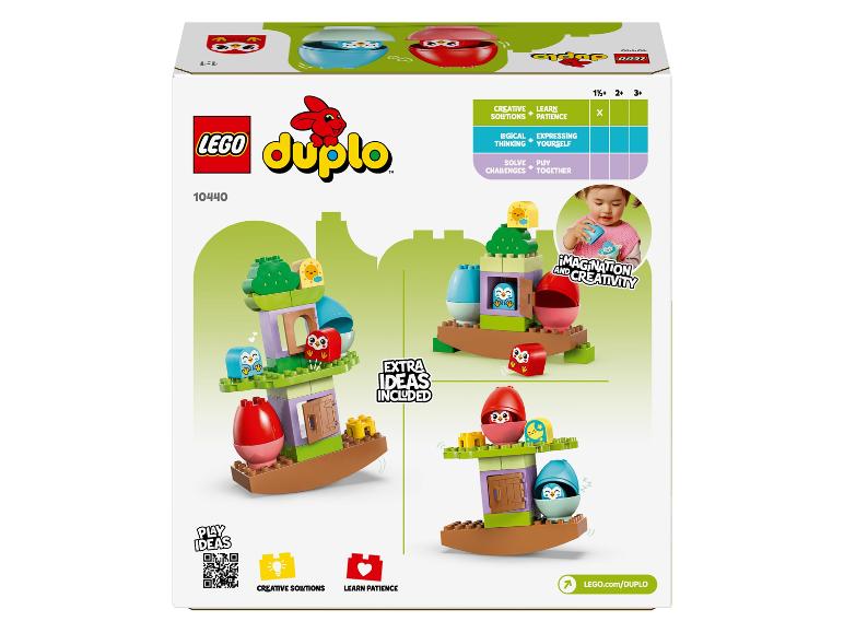 Pudełko Lego Duplo z zestawem 10440, przedstawiające sowy i pomysły na zabawę.