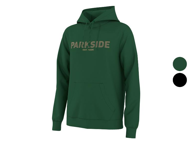 Zielona bluza z kapturem z napisem „PARKSIDE EST. 1996” i dwoma próbkami kolorów.