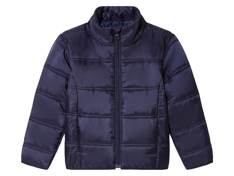 Głęboko granatowa kurtka zimowa zapinana na zamek błyskawiczny.