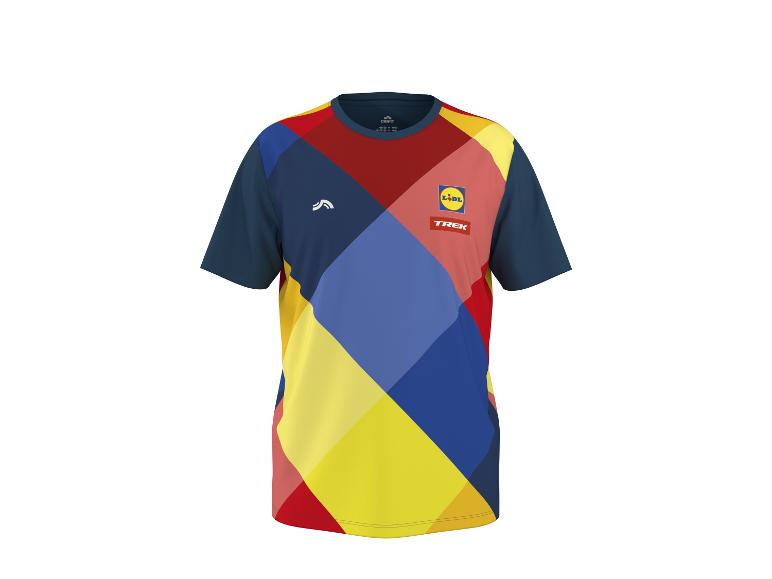 Męska koszulka sportowa z kolorowym geometrycznym wzorem i logo.
