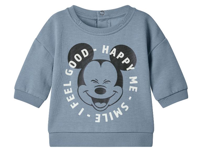 Niebieska bluza niemowlęca z motywem Myszki Miki i napisem „I FEEL GOOD - HAPPY ME - SMILE”.