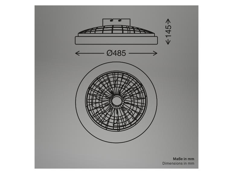 Rysunek techniczny wentylatora sufitowego z wymiarami: średnica 485 mm, wysokość 145 mm.