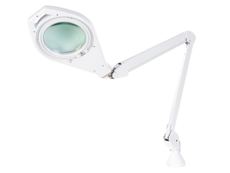 Biała lampa powiększająca z oświetleniem LED i elastycznym ramieniem.