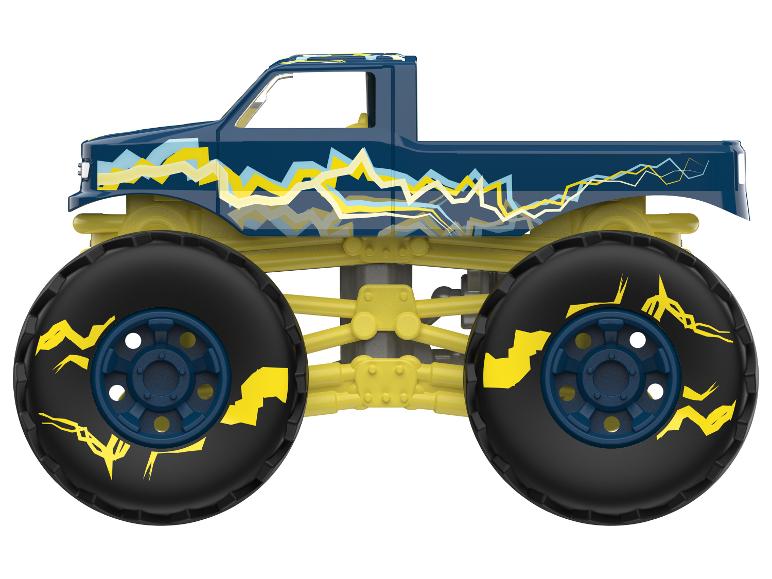 Niebieska zabawka monster trucka z żółtymi wzorami błyskawic