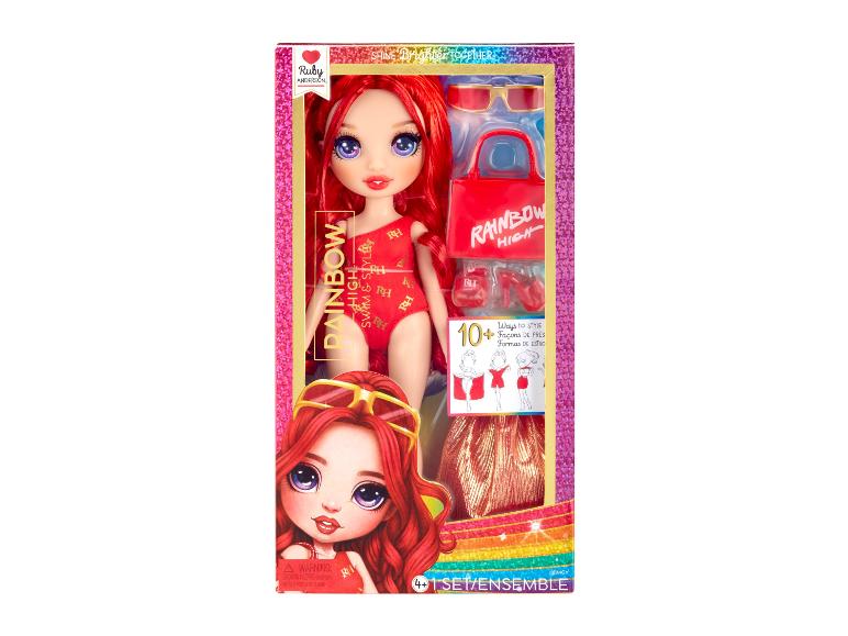 Lalka Rainbow High Ruby Anderson z kostiumem kąpielowym, torebką i okularami.