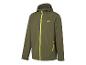 Oliwkowo-zielona kurtka softshell z neonowo-żółtym zamkiem i logo.