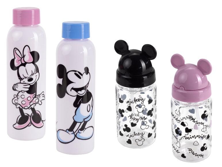 Trzy butelki na wodę z motywami Myszki Miki i Minnie Mouse.