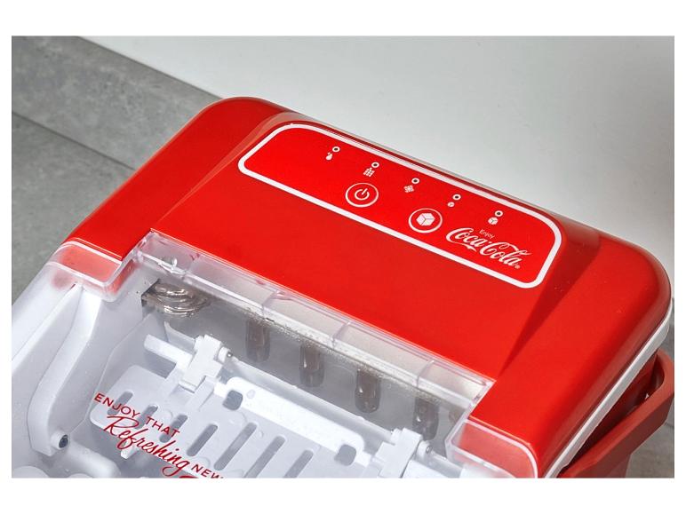 Czerwony automat do lodu Coca-Cola z przyciskami do różnych rozmiarów kostek lodu.