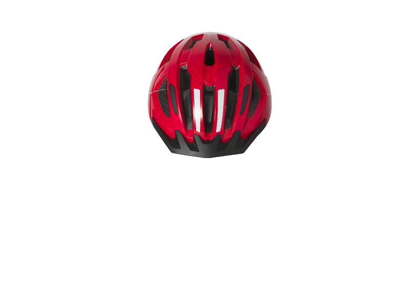 Czerwony kask rowerowy z białymi odblaskowymi paskami.