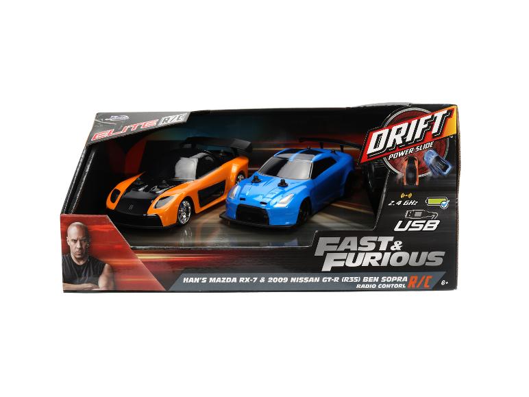 Zestaw Fast & Furious Elite R/C Drift Power Slide z Mazdą RX-7 Hana i Nissanem GT-R.