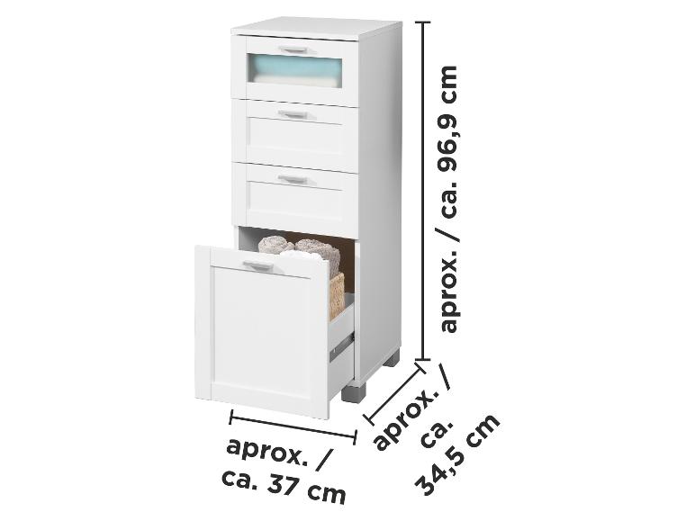 Biała szafka łazienkowa z szufladami i uchylnym koszem na pranie, z wymiarami.