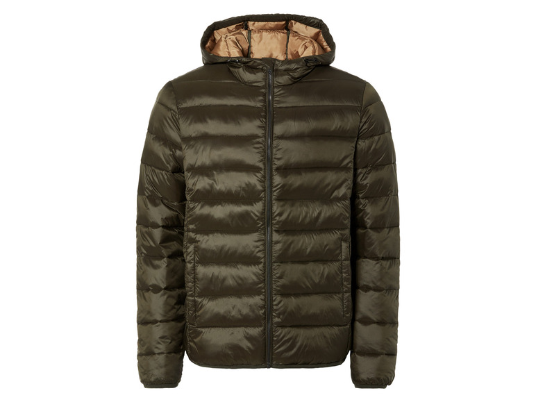 Zielona pikowana kurtka z kapturem.