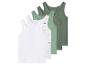 Pięć chłopięcych podkoszulków w kolorze białym, jasnozielonym i ciemnozielonym, niektóre z nadrukami dinozaurów.