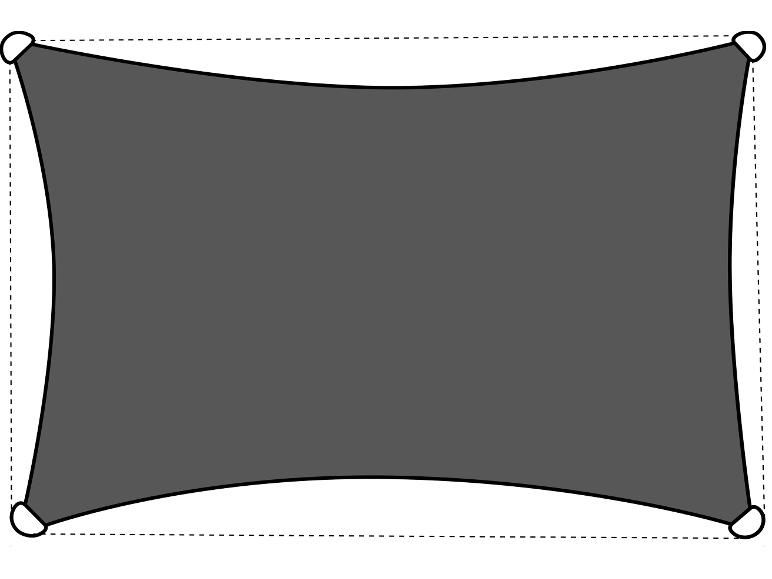 Szara prostokątna plandeka przeciwsłoneczna z zakrzywionymi bokami i wzmocnionymi rogami.