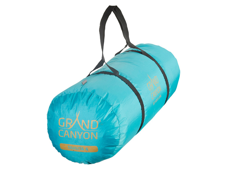 Niebieski namiot Grand Canyon Tahuta 4, zwinięty i gotowy do transportu.