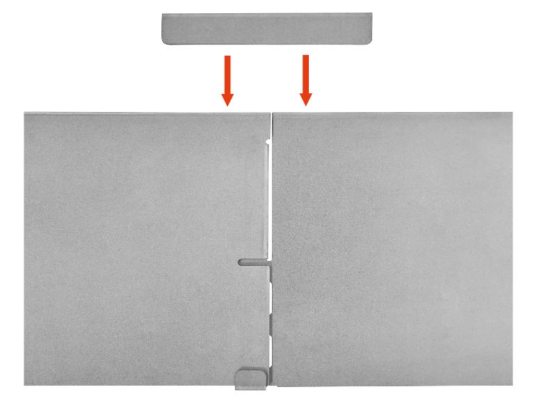 Dwa szare panele metalowe z elementem łączącym i strzałkami wskazującymi montaż