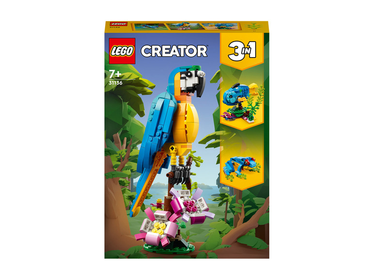 Zestaw Lego Creator 3 w 1 z papugą, rybą i żabą.