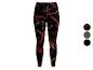 Legginsy sportowe z abstrakcyjnym wzorem w odcieniach czerwieni i zieleni na czarnym tle.
