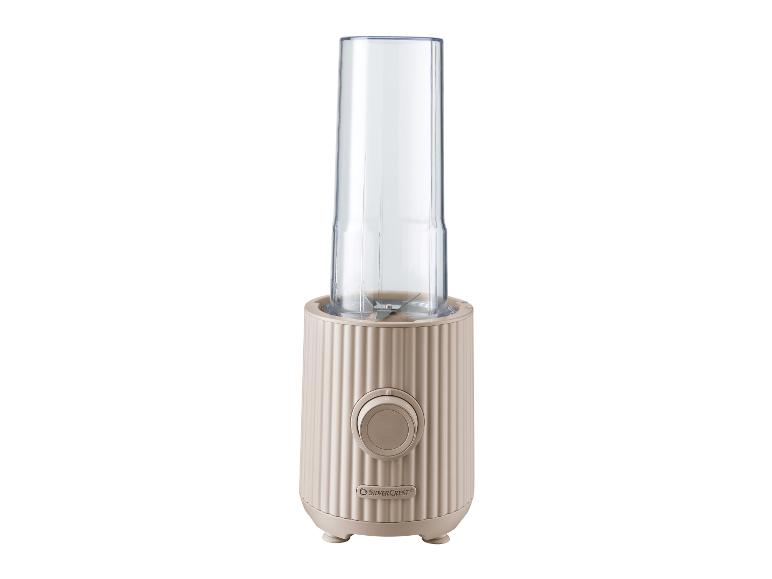 Beżowy blender SilverCrest z przezroczystym dzbankiem i pokrętłem sterującym