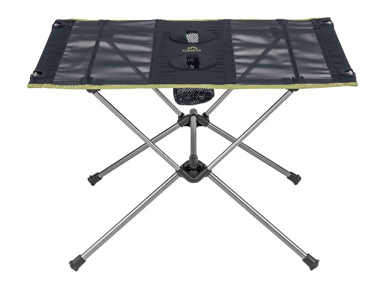 Składany stolik Crivit: metalowa konstrukcja, blat z siatki.