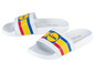 Białe klapki z logo Lidl i paskami.