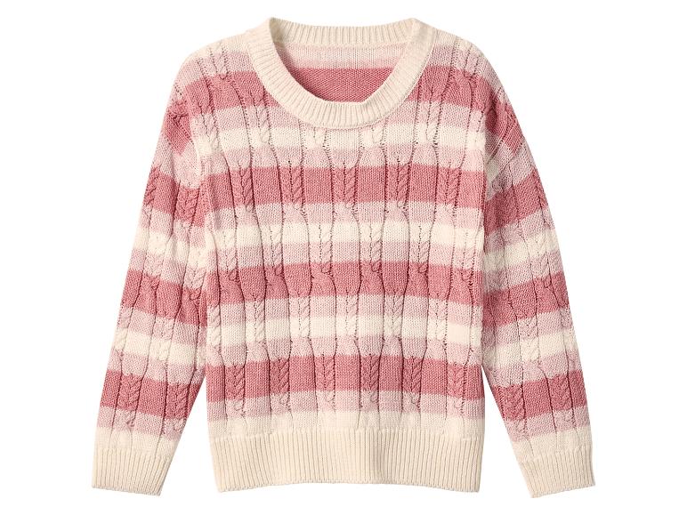 Różowy sweter w paski.