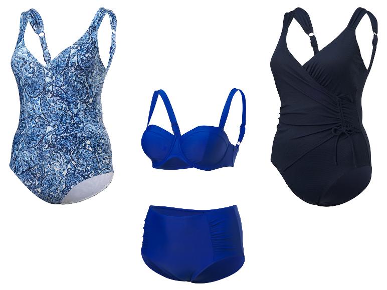Jednoczęściowe stroje kąpielowe, bikini i figi w kolorze granatowym i niebieskim z motywem paisley.