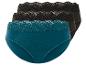 Trzy pary damskich majtek z koronką, w kolorze zielonym i czarnym.