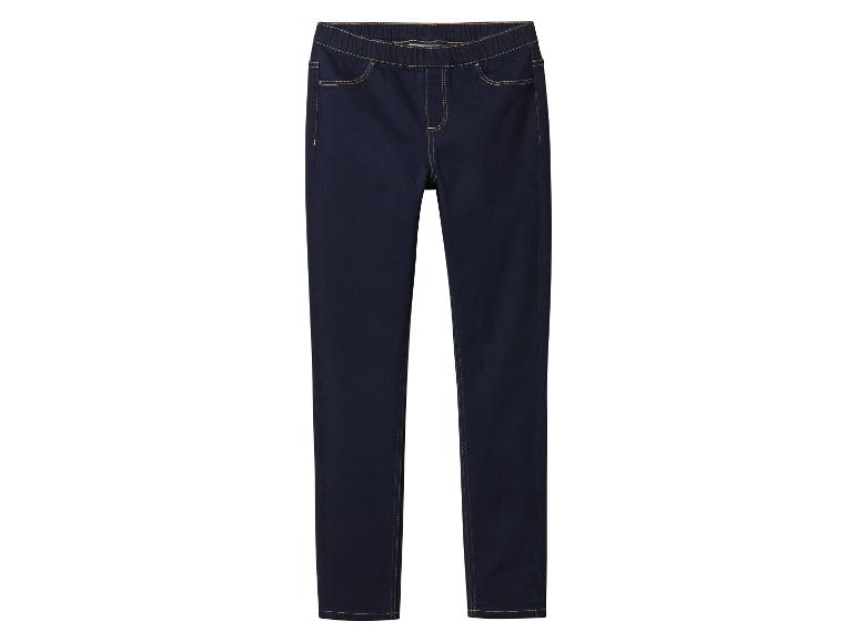 Ciemnoniebieskie jeansy skinny z elastyczną talią i kontrastowymi szwami.