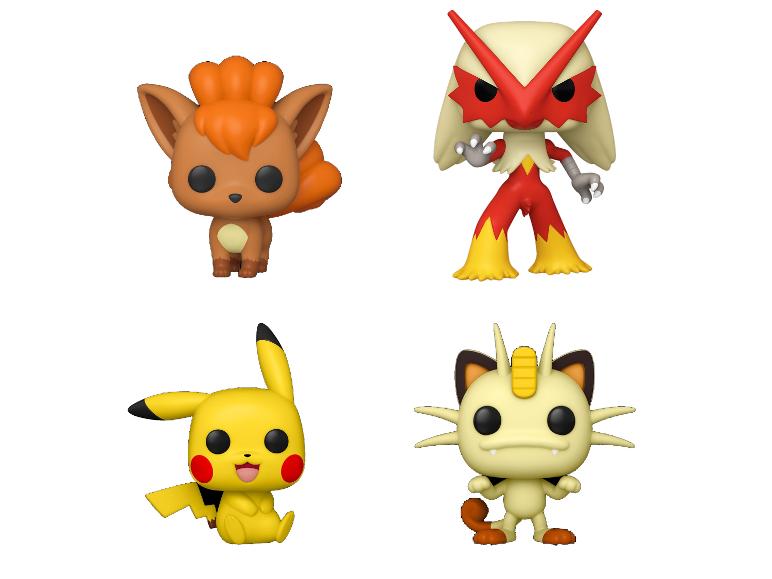Cztery figurki Pokémon: Vulpix, Blaziken, Pikachu i Meowth.