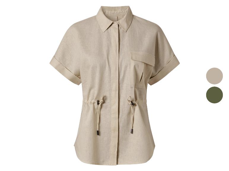 Koszula lniana w kolorze beżowym, krótki rękaw, styl casual.