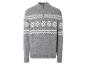 Szary sweter z zimowym wzorem i zamkiem błyskawicznym.