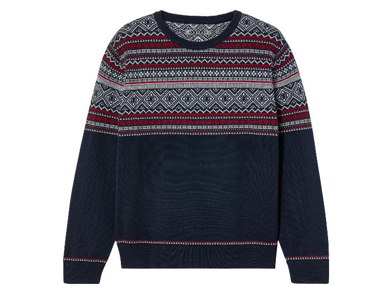 Granatowy sweter z norweskim wzorem w kolorze czerwonym i białym.
