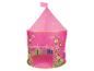 Różowy namiot do zabawy dla dzieci w kształcie zamku z motywami kwiatów i motyli.