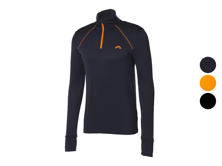 Granatowa koszulka z długim rękawem z pomarańczowym zamkiem i przeszyciami.