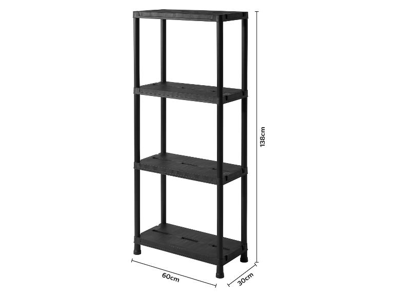 Czarny 4-poziomowy regał plastikowy o wymiarach 138cm (W) x 60cm (S) x 30cm (G).