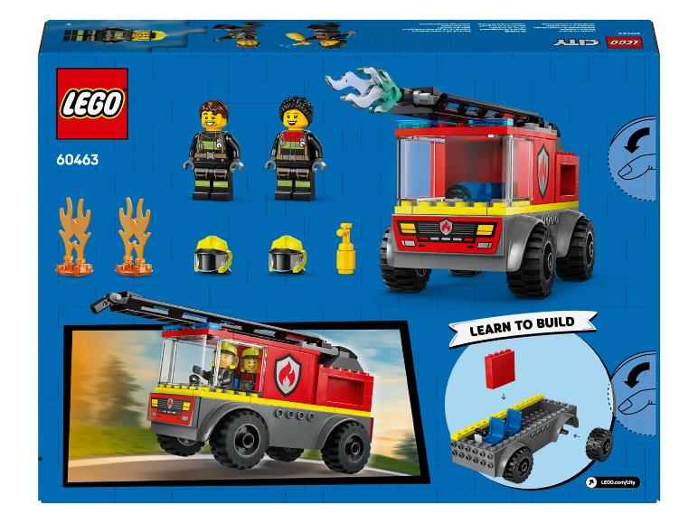 Wóz strażacki LEGO City (60463) z dwiema minifigurkami, akcesoriami strażackimi i instrukcją budowy.