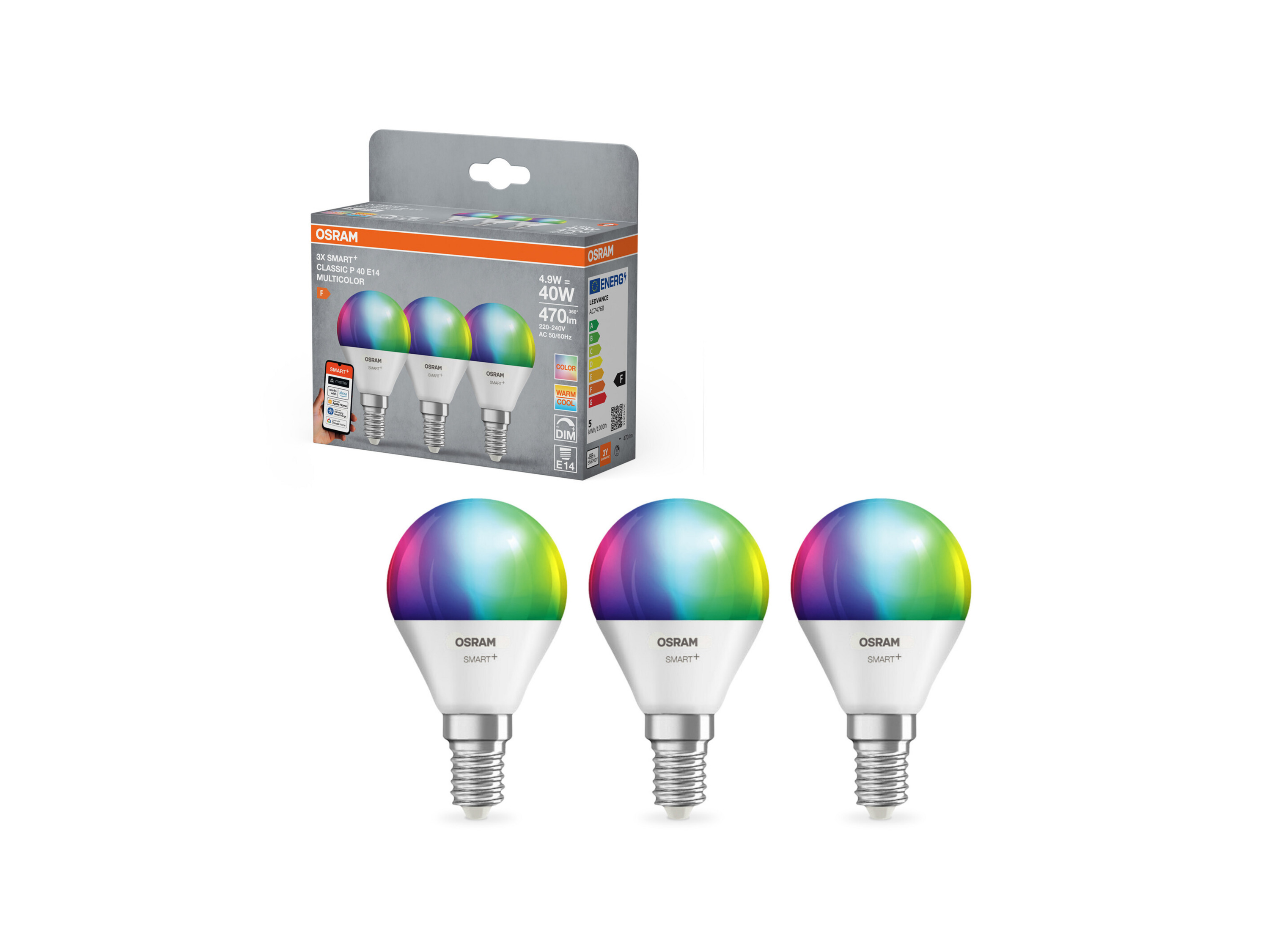 OSRAM Inteligentne żarówki Smart MATTER, 3-pak (P40, E14, 2700 K, RGBW, Matowe)