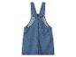 Niebieska sukienka ogrodniczka dżinsowa z regulowanymi ramiączkami, widok z tyłu.