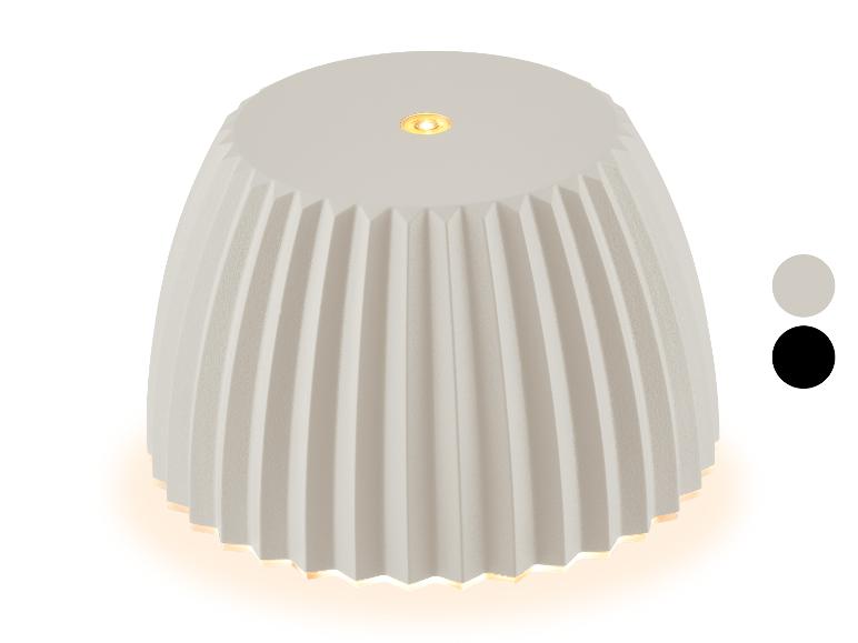Biała lampa stołowa z plisowanym kloszem i dwoma opcjami kolorystycznymi.