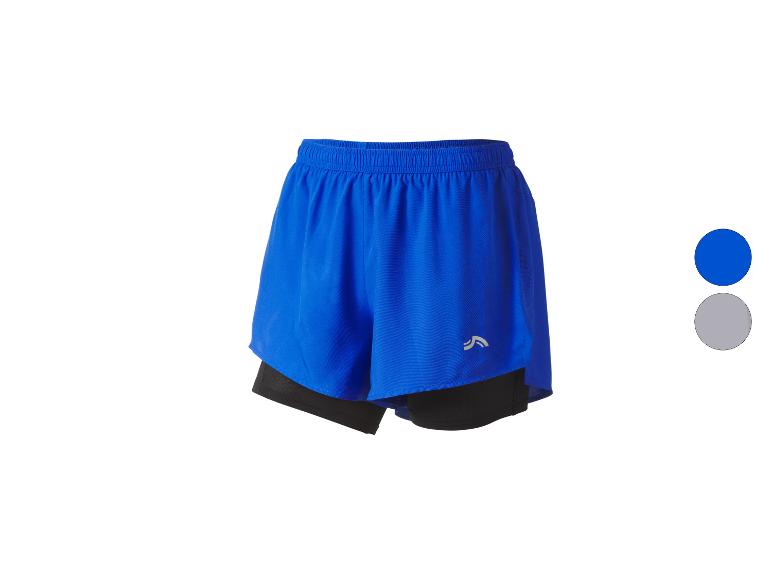 Niebieskie spodenki sportowe z czarnymi szortami wewnętrznymi i logo