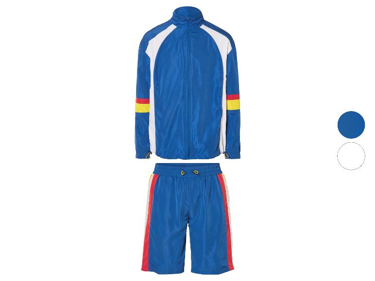 Niebieski dres z kolorowymi wstawkami. Bluza i spodenki.