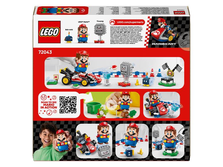Zestaw zabawek z motywem Mario Kart, zawierający figurkę Mario, pojazd i rekwizyty toru.