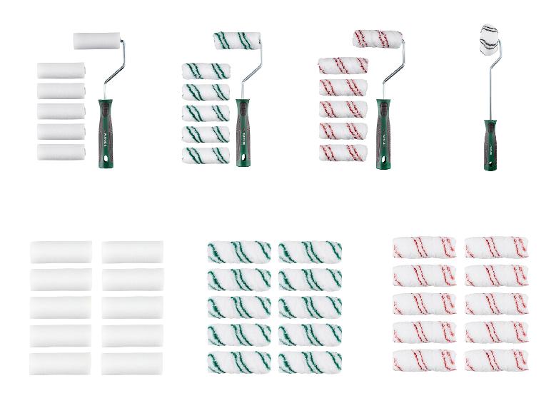 Zestaw wałków malarskich Parkside z zielonymi uchwytami i różnymi wkładami.