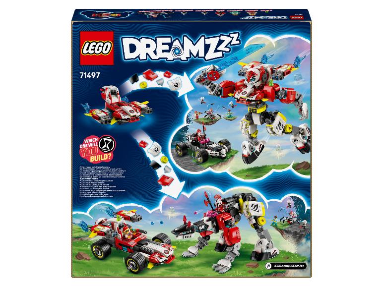 Pudełko LEGO DREAMZzz z robotem i pojazdem, oba zbudowane z klocków.