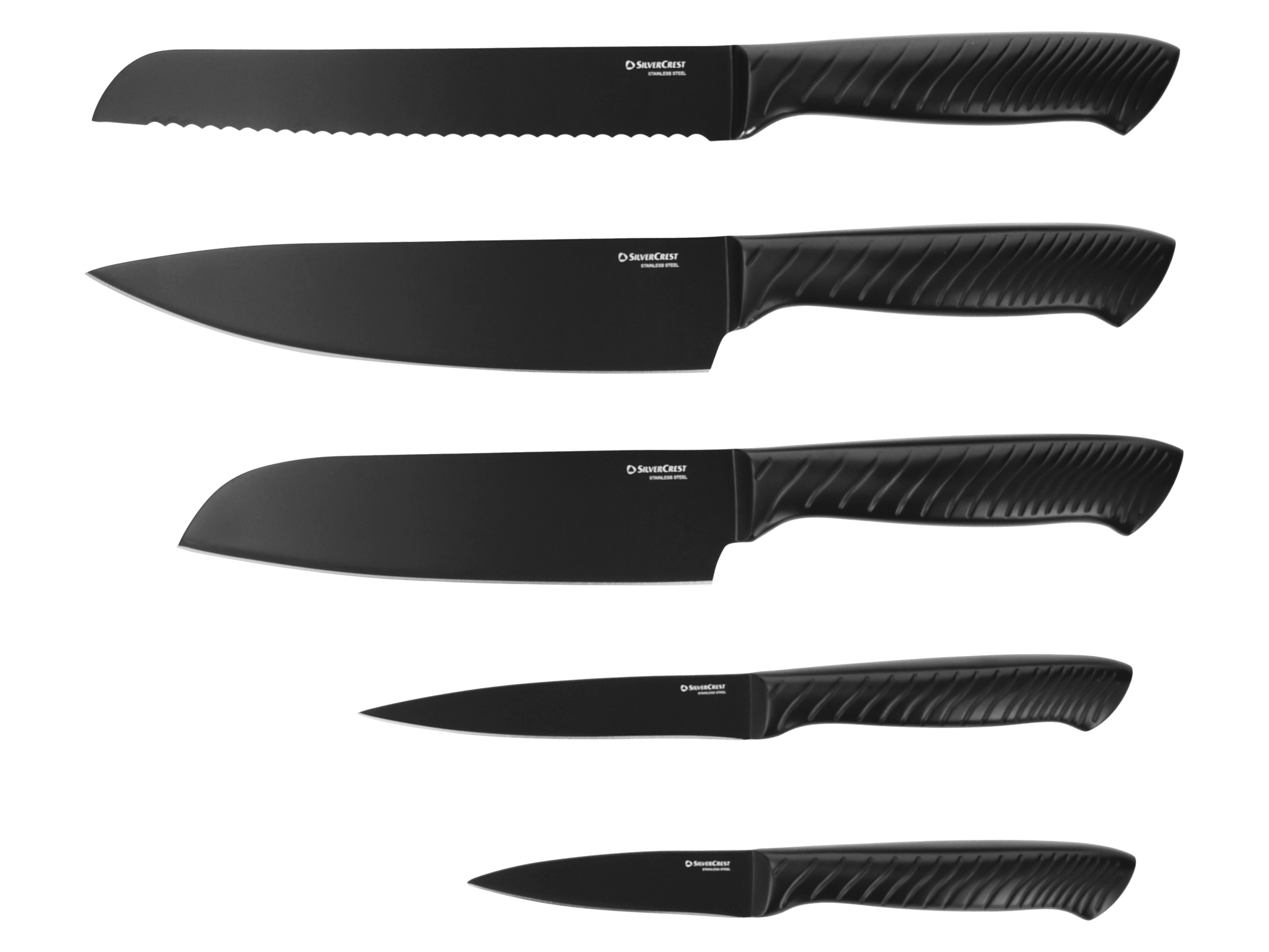 SILVERCREST® Zestaw noży ze stali nierdzewnej z blokiem, 6-częściowy (Czarna powłoka)
