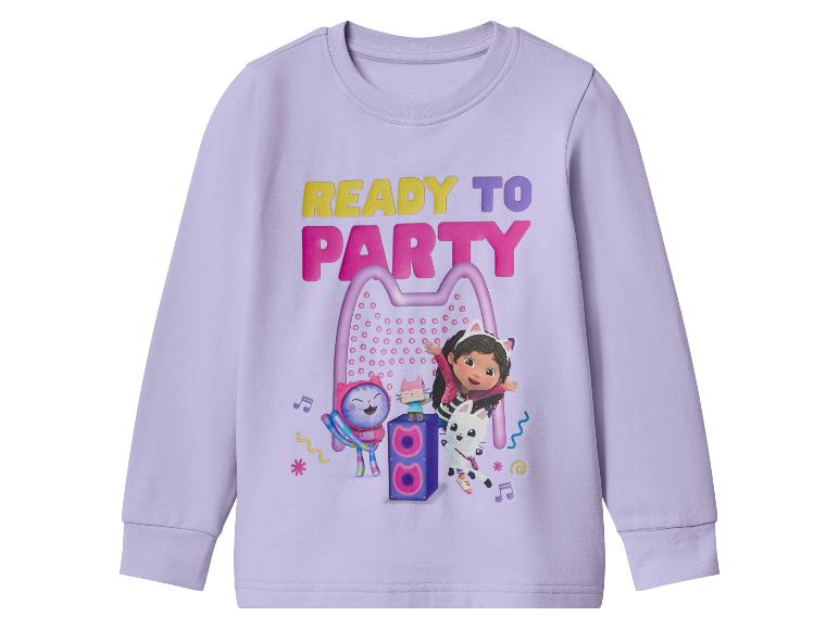 Fioletowa bluza dziecięca z napisem „READY TO PARTY” i postaciami z Gabby's Dollhouse.